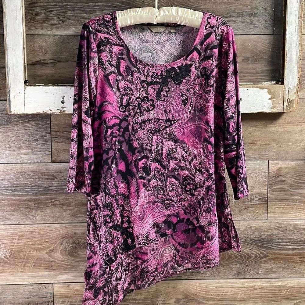 Coral Bay Ladies Pink and Black Floral Print Dress Top Blouse, Size Small